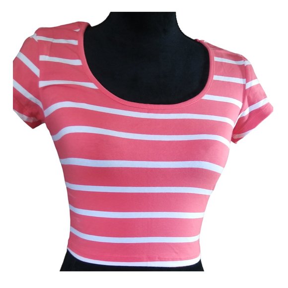 Ambiance Tops - Coral & White Striped Crop Top by Ambiance Apparel